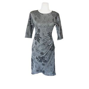 Vintage Lurex Dress Form Fitting Ruched at Hip Silver Black Size 5 Flower Print